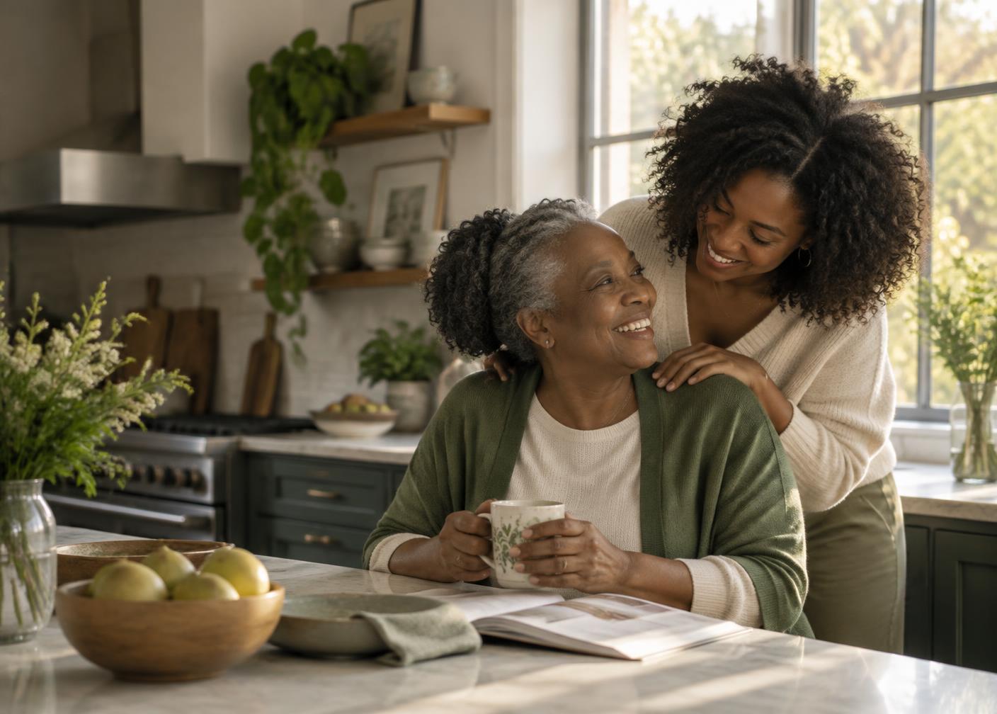 A mother and daughter sharing a warm moment at home